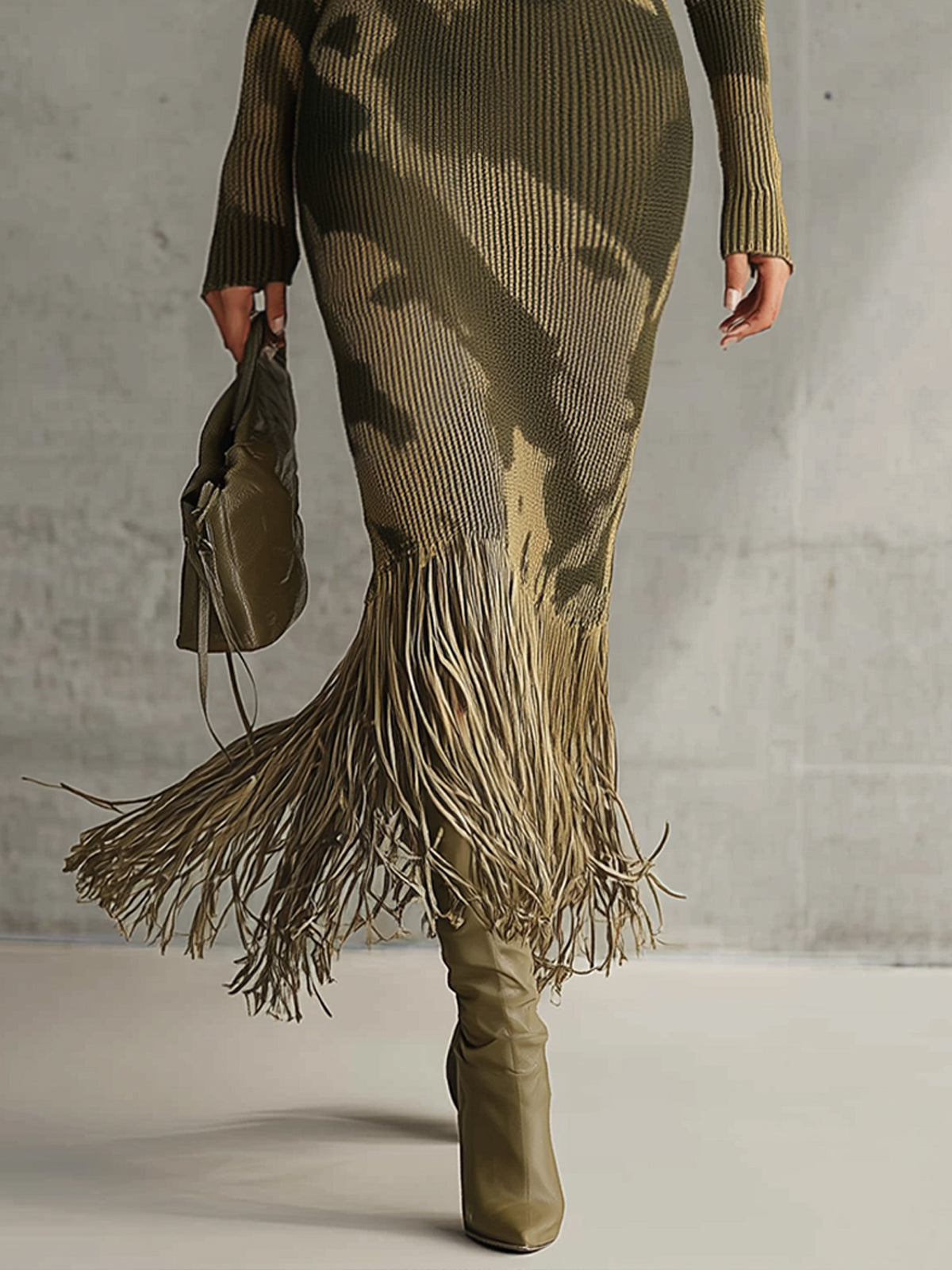 Olive Camo Knit V-Neck Fringe Hem Bodycon Dress