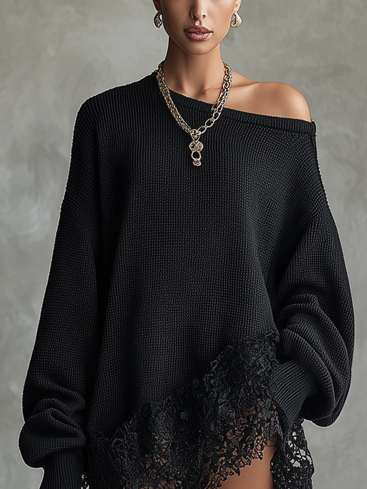 Black Oversized Mini Dress with Lace Hem