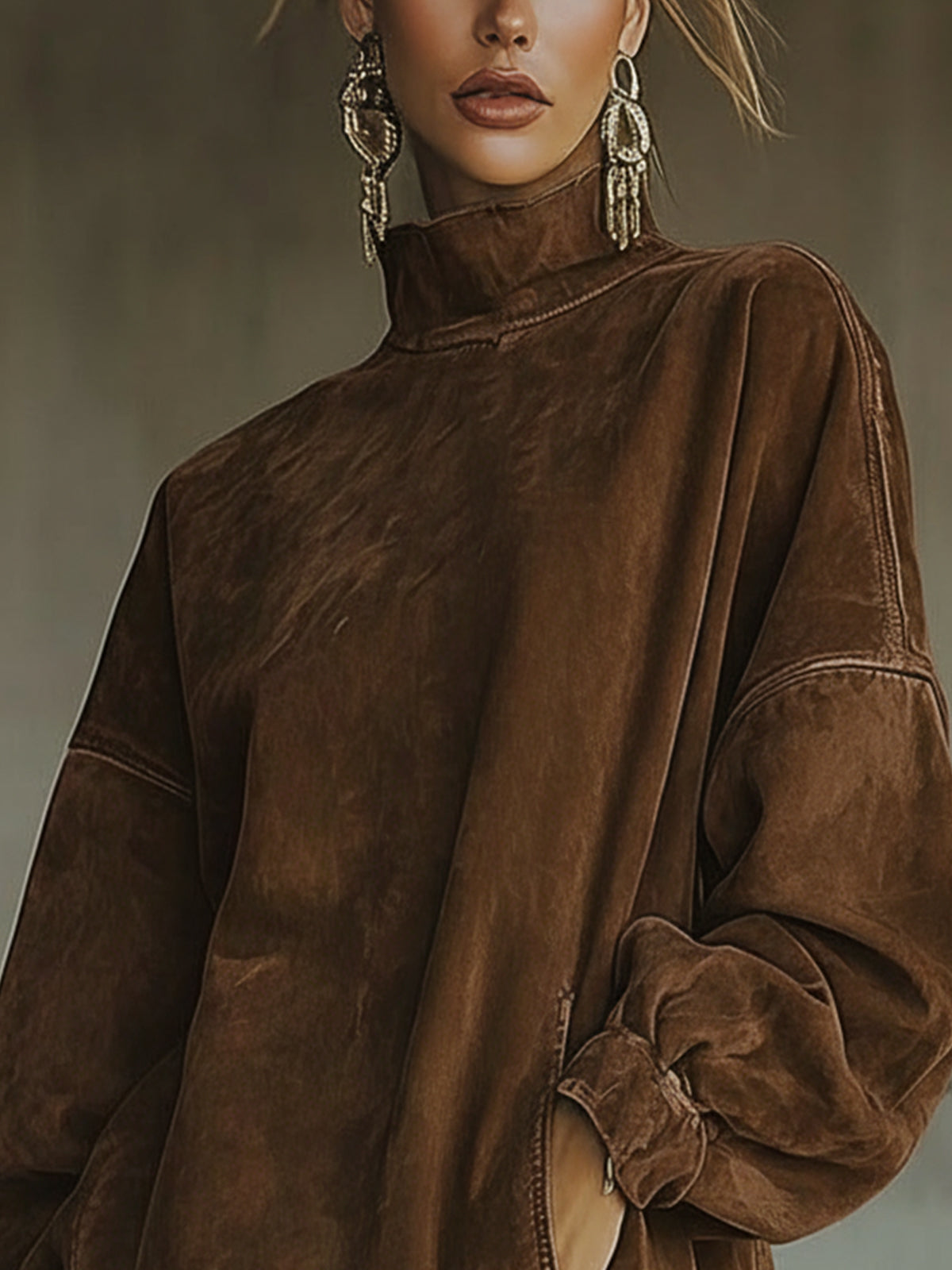 Brown Faux Suede Roll Neck Oversized Dress with Fringe Detail