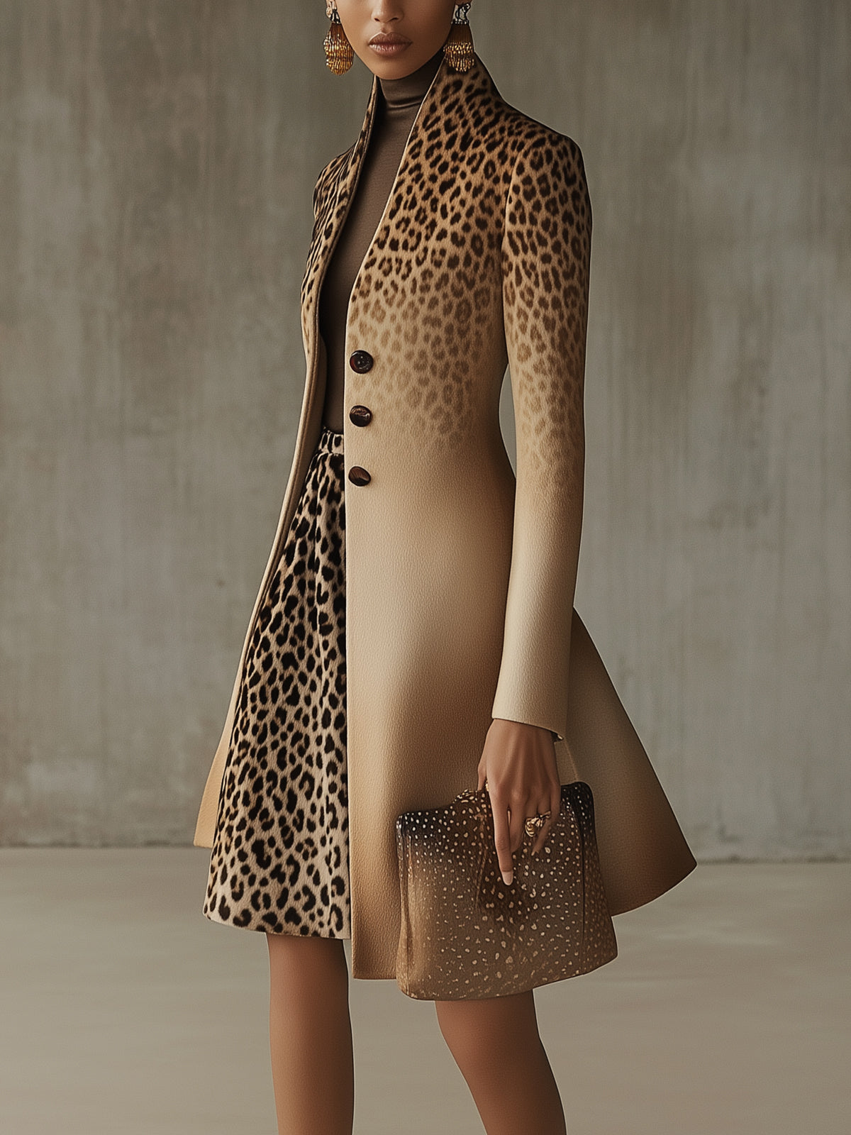 Khaki Ombre Leopard Print Long Coat with Gradient Detail
