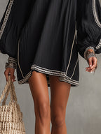 Black Boho Cold Shoulder Lantern Sleeve Linen Mini Dress