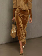 Light Brown Velvet Bodycon Maxi Dress with Chiffon Blouse Set