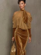 Light Brown Velvet Bodycon Maxi Dress with Chiffon Blouse Set