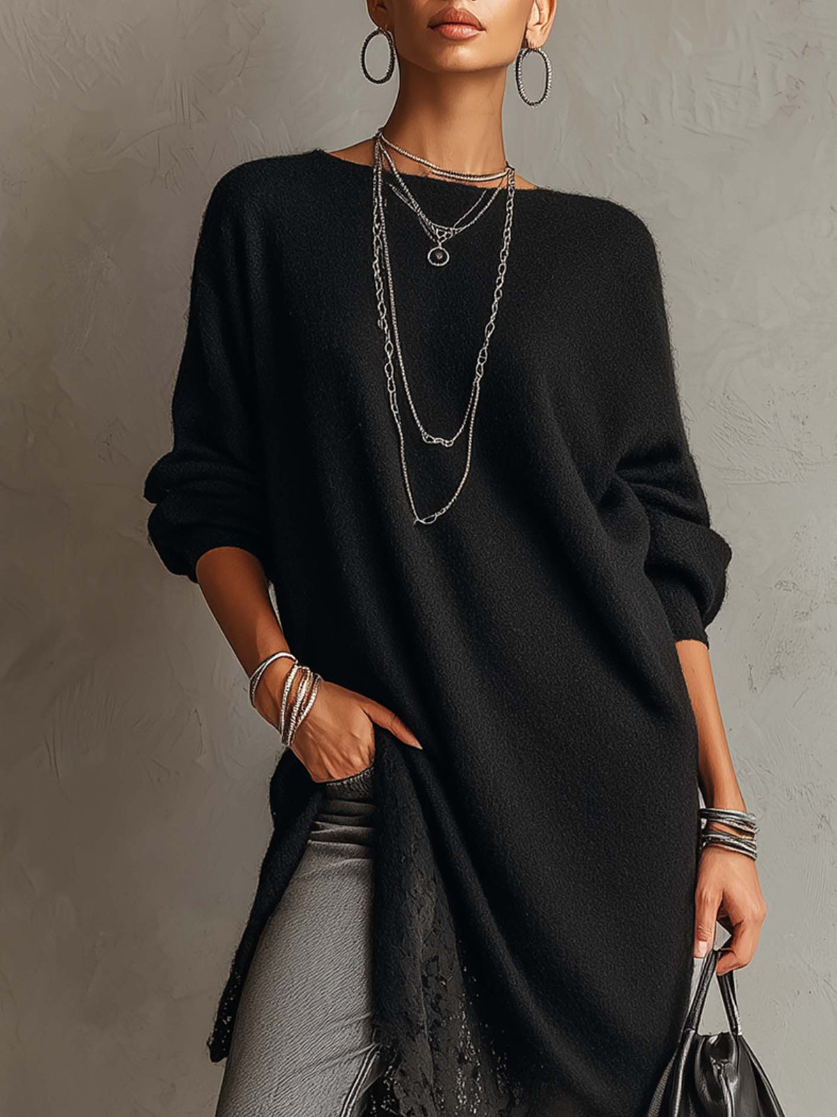 Black Loose Fit Mohair Knit Midi Dress with Lace Hem
