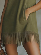 Olive Green Sleeveless Knit Mini Dress with Fringe Hem