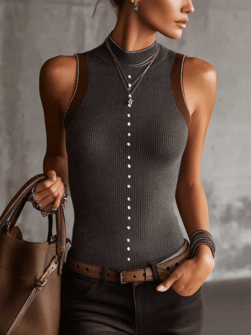 Grey Ribbed Knit Sleeveless Tank Top with Pearl Button Detailing