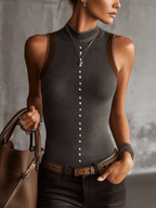 Grey Ribbed Knit Sleeveless Tank Top with Pearl Button Detailing
