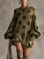 Green Polka Dot Oversized Knit Jumper Dress with Ruffled Hem