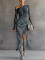 Blue Stretch Knit Chiffon Off-shoulder Maxi Dress with Slit Hem