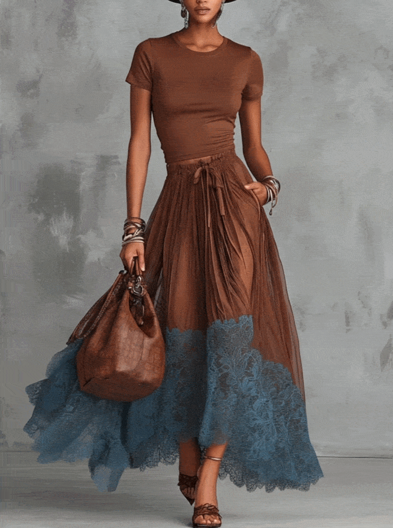 Brown Short Sleeve Shirt and Blue Lace-Trim Tulle Maxi Skirt Set