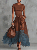 Brown Short Sleeve Shirt and Blue Lace-Trim Tulle Maxi Skirt Set