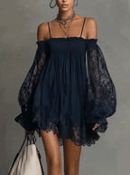 Navy Off-Shoulder Lace Trim Chiffon Mini Dress with Sheer Sleeves