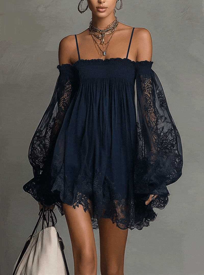 Navy Off-Shoulder Lace Trim Chiffon Mini Dress with Sheer Sleeves