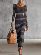 Grey and White Knit Bodycon Dress with Leopard Stripe Detailing