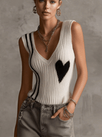 White Ribbed Knit Sleeveless Heart Pattern V-Neck Tank Top