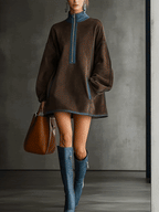 Brown Faux Suede Fleece High-Neck Zip-Up Oversized Mini Dress