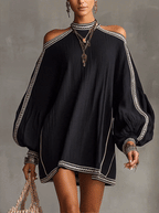Black Boho Cold Shoulder Lantern Sleeve Linen Mini Dress