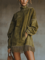 Olive Faux Suede Roll Neck Dress with Fringe Hem