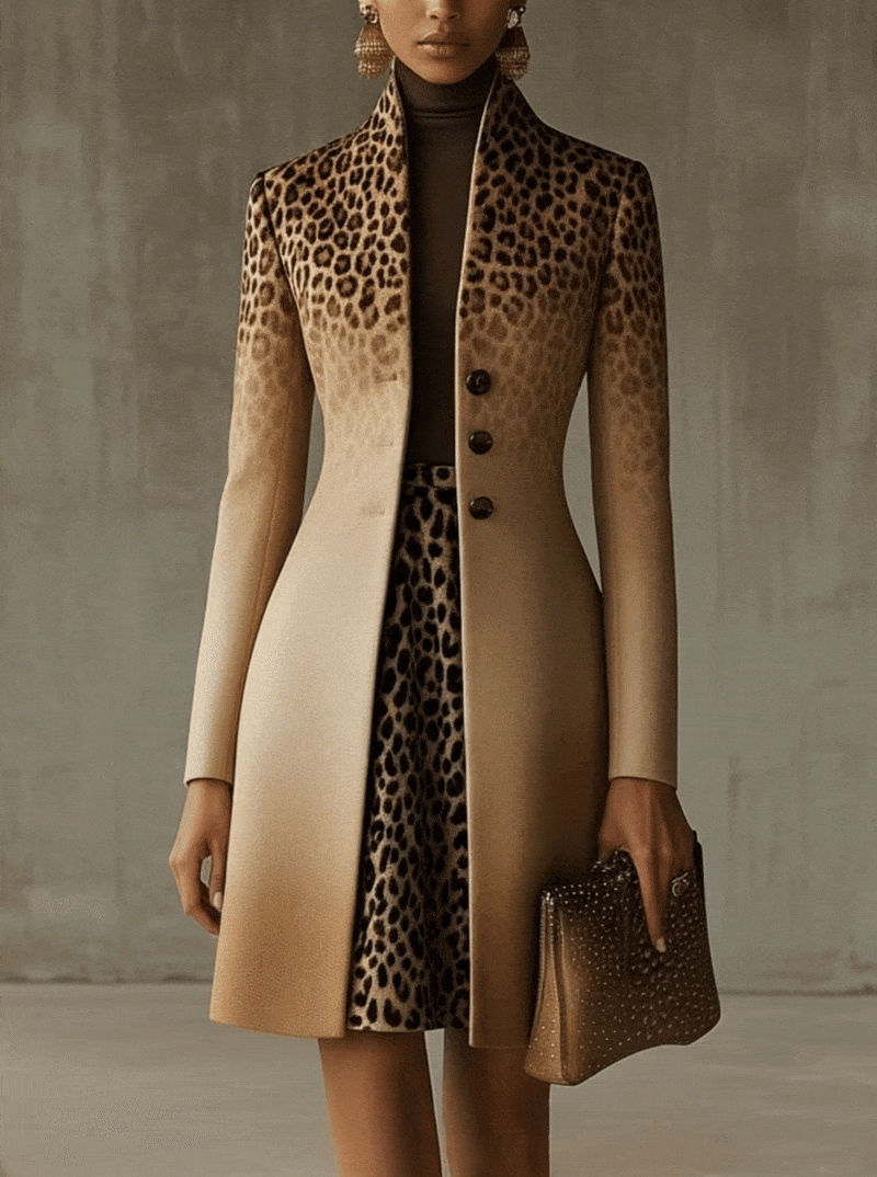 Khaki Ombre Leopard Print Long Coat with Gradient Detail