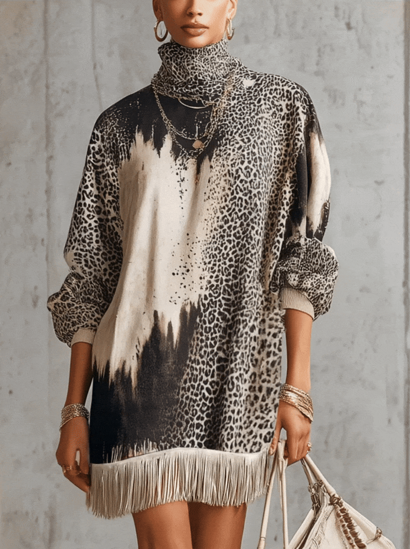 Grey Leopard Print Roll Neck Fringe Hem Faux Suede Dress