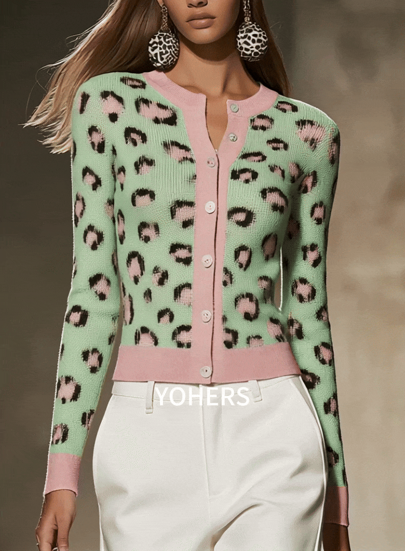 Green Leopard Print Button Up Cardigan with Pink Trim