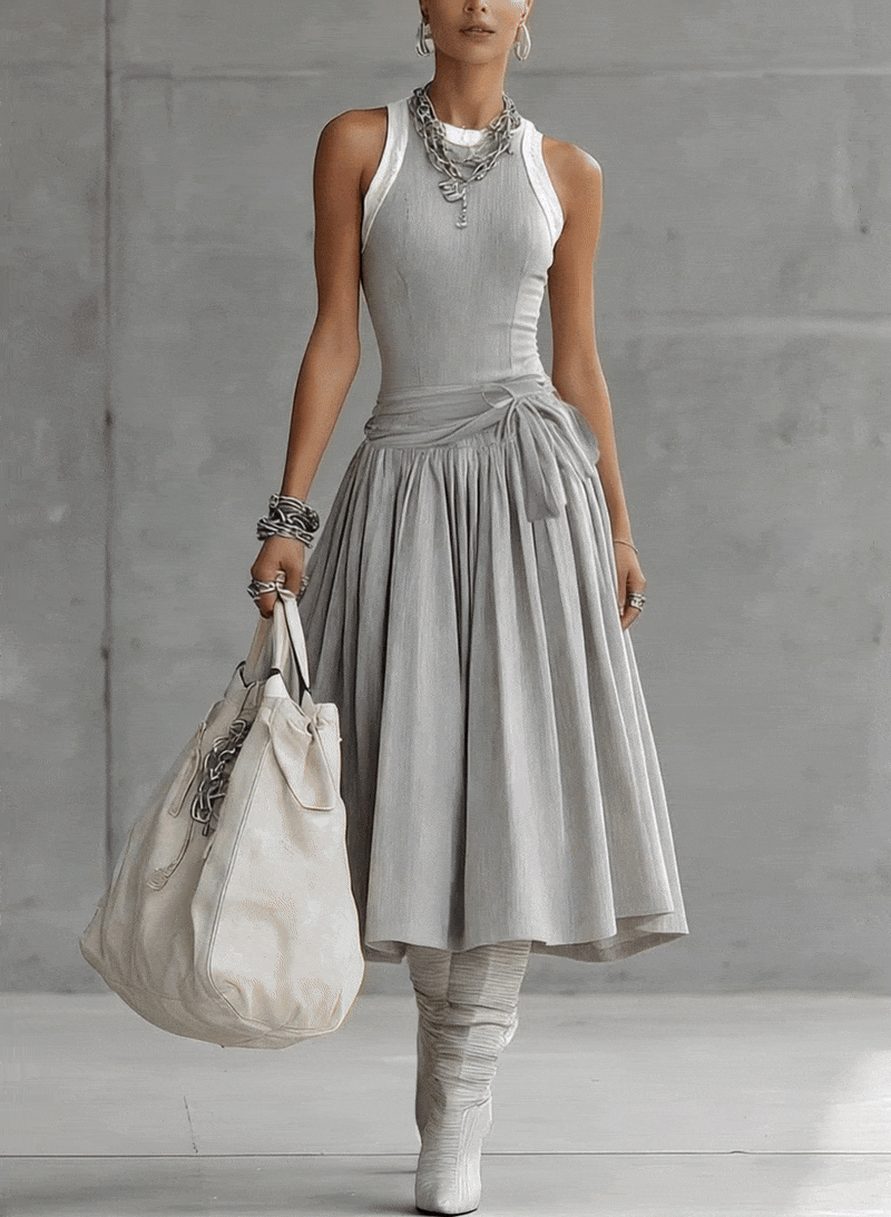 Grey Ribbed Tank Bodice Draped Midi Dress