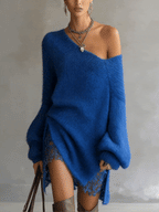 Blue Off‑Shoulder Mohair Jumper Dress with Lace Hem