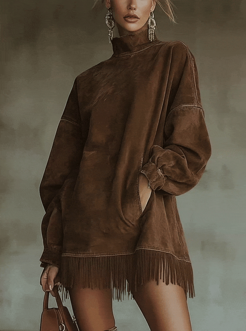 Brown Faux Suede Roll Neck Oversized Dress with Fringe Detail