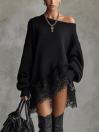Black Oversized Mini Dress with Lace Hem