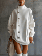 White Oversized Buttoned Roll Neck Jumper Dress