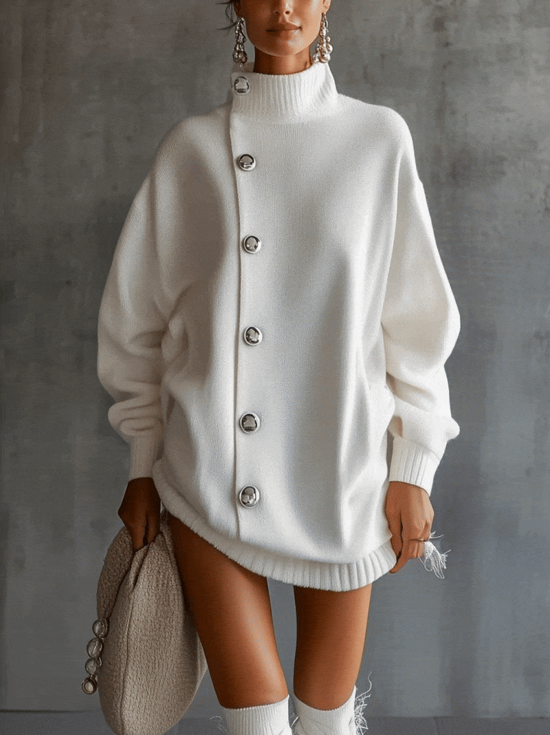 White Oversized Buttoned Roll Neck Jumper Dress
