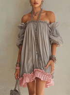 Grey Chiffon Off Shoulder Mini Dress with Pink Hem