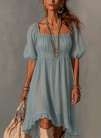 Blue Pleated Lace Midi Dress