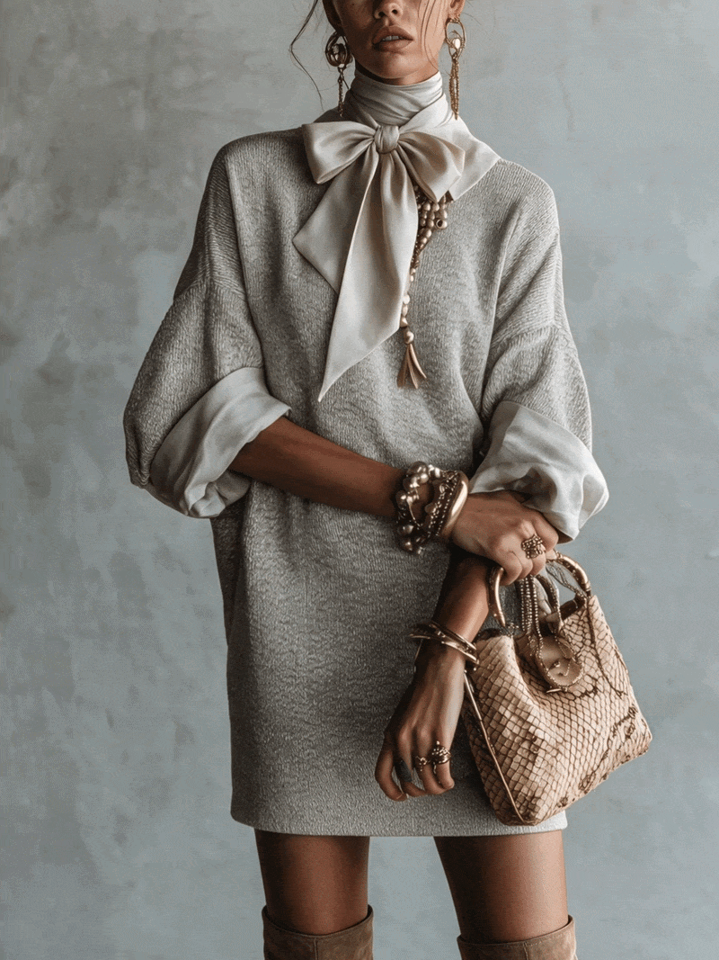 Grey Satin Bow Knit Five Sleeve Mini Dress