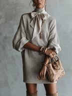 Grey Satin Bow Knit Five Sleeve Mini Dress