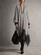 Grey Shimmer Knit Lace Hem Midi Dress