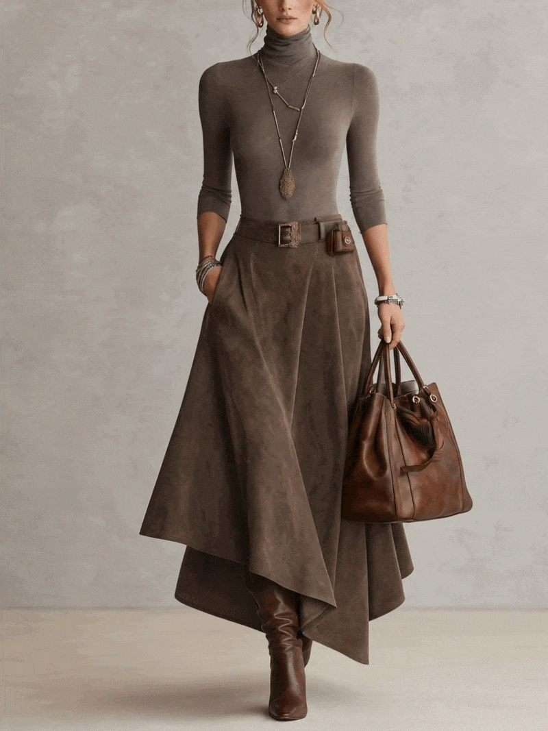 Taupe Stretch Roll Neck Top and Asymmetrical Suede Skirt Set
