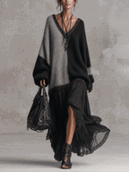 Black and Grey Chiffon Patchwork Oversized Knit Maxi Dress