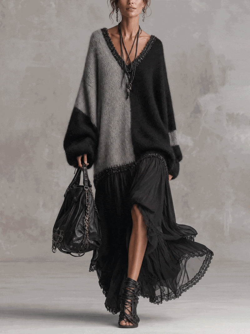 Black and Grey Chiffon Patchwork Oversized Knit Maxi Dress