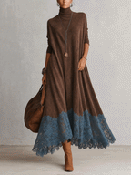 Vintage Brown Suede Feel Long Sleeve Lace Hem Maxi Dress