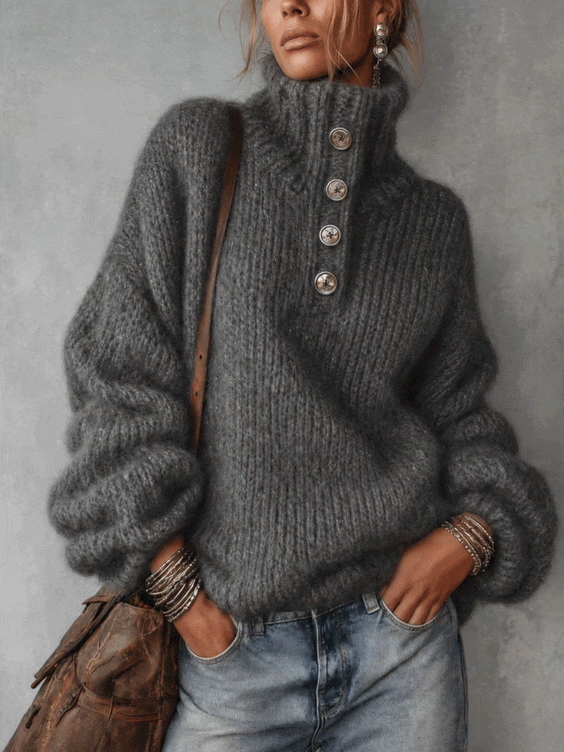 Charcoal Grey Metallic Thread Button Detail Oversized Jumper