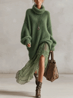 Green Oversized Mohair Knit Roll Neck Midi Dress with Chiffon Ruffle Hem