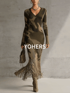 Olive Camo Knit V-Neck Fringe Hem Bodycon Dress