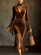 Brown Velvet Roll Neck Cutout Fringe Long Sleeve Bodycon Dress