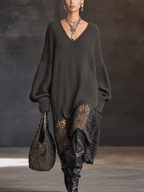 Charcoal Grey V-Neck Knit Mesh Long Sleeve Midi Dress