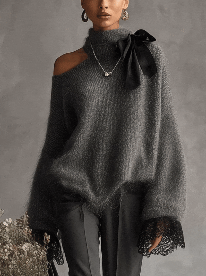 Grey Mohair Knit Jumper with Lace Cuffs