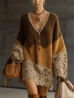 Brown Ombre Knit Lace Oversized Long Sleeve Mini Dress