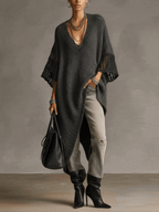 Grey Asymmetric Hem Loose Knit Dress with Crochet Mid Sleeves