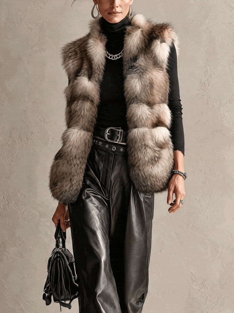 Brown Silver-Tipped Faux Fur Longline Puffer Gilet