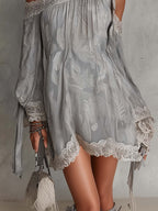 Light Grey Paisley Print Chiffon One Shoulder Lace Trim Mini Dress